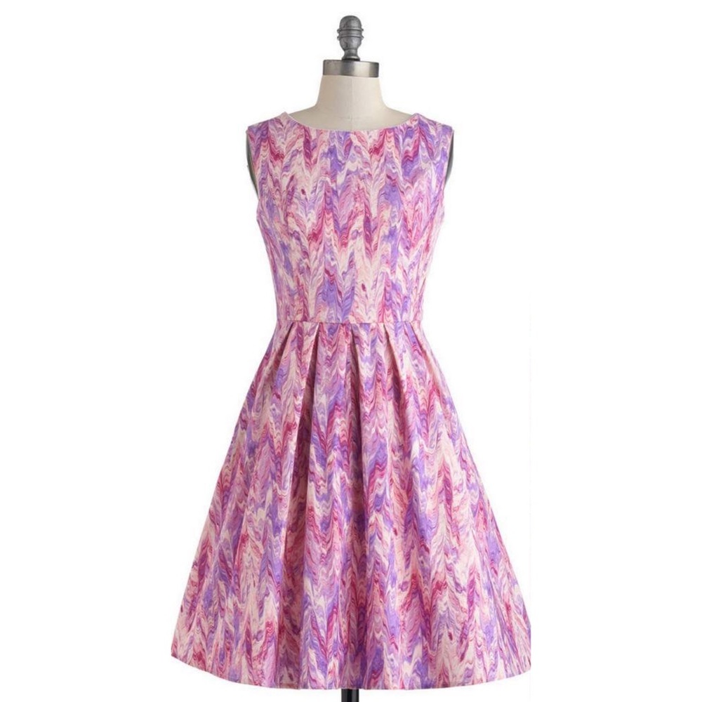 ModCloth Chalk of the Town Dress in Pink & Purple Marble Print, Size Medium
